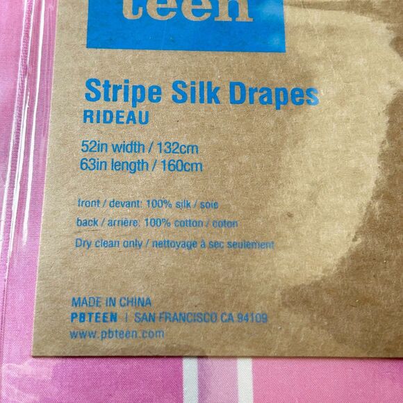 Pottery Barn Teen Pink Stripe Silk Drapes - 1 Panel 52" W x 63"L w/Drapery Hooks - Picture 2 of 3